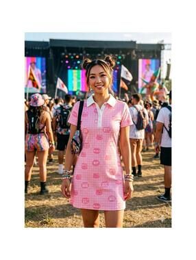 SHEIN x Hello Kitty Pink Grid Polo Dress Kawaii S Mini Short Sleeve Anime